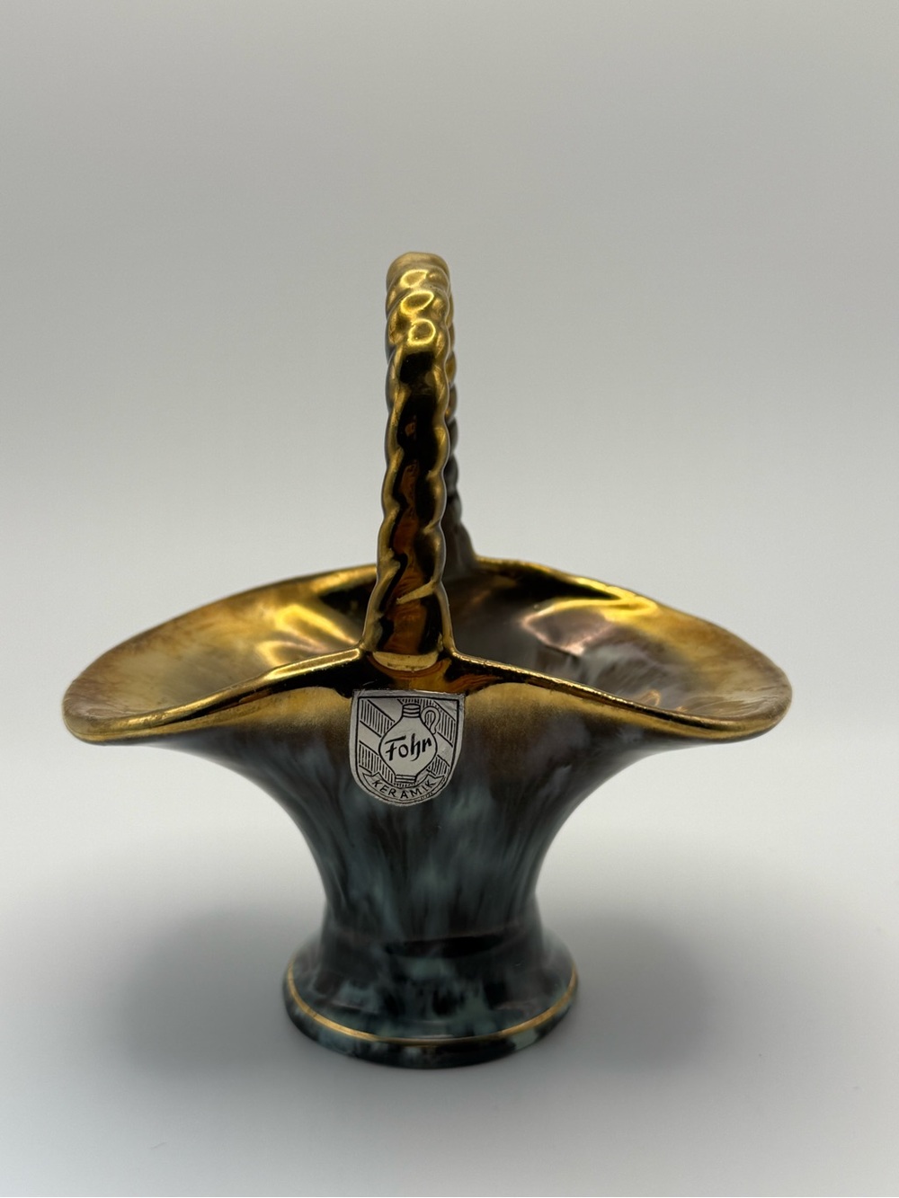 Vintage Fohr Keramik Ceramic Basket Vase in Gold and Turquoise made in Germany
